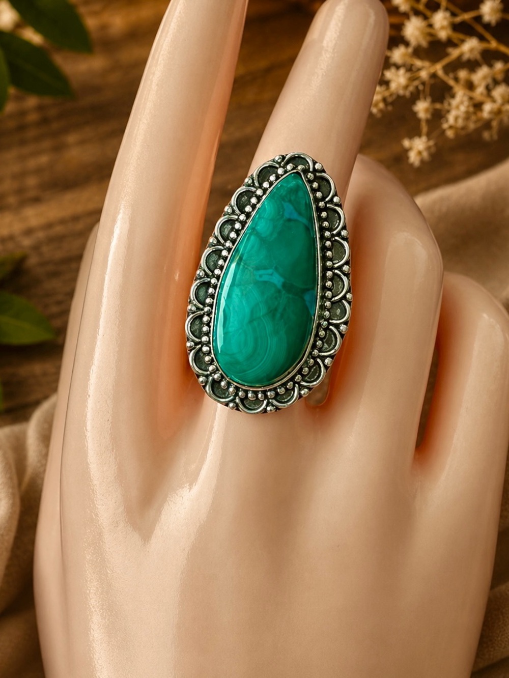 Natural Teardrop Green Malachite Sterling Silver Ring Sz 9